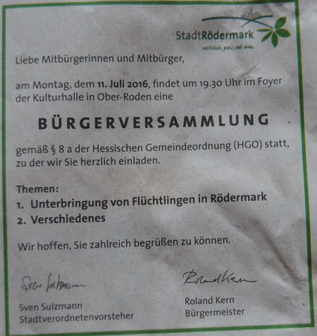 Buegerversammlung. Unterbringung von Flüchtlingen